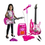 Gyerek elektromos gitár szett mikrofonnal és erősítővel, rózsaszín