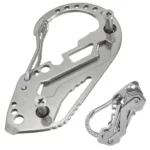 Rozsdamentes acél karabineres kulcstartó multitool, sörnyitóval, csavarhúzóval