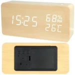 Fa hatású LED ébresztőóra hő- és páramérővel, USB/AAA, 15×7×4 cm