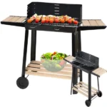 Nagy faszenes kerti grill állítható rostéllyal, polcokkal és kerekekkel