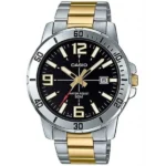 Casio férfi karóra, ezüst-arany acél szíj, fekete számlap, WR50, kvarc