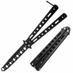 Összecsukható fekete balisong tréningkés, tompa rozsdamentes pengével, 22,5 cm