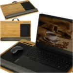 Hordozható fa laptop asztal párnás aljjal, 55×37 cm, barna-szürke