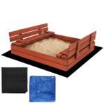 Impregnált fa homokozó 120×120 cm, padokká nyitható fedél, takaró szett