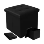 Összecsukható tárolós puff, fekete ökobőr, 38x38x38 cm, 39 l, 100 kg