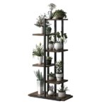 6 szintes acél-fa növénytartó állvány, beltérre és kültérre, fekete-barna