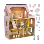 Nagy fa babaház LED világítással, bútorokkal, 3 szintes, 70×62×27 cm