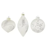 Matt fehér üveg karácsonyfadísz szett, vegyes minták, 8 cm & 6×13 cm