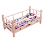 Fa babaágy 50 cm-es babához, ágyneművel