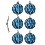 Matt kék karácsonyfadísz gömb szett ezüst mintával, 6 db, 6 cm