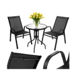 Erkély bútor szett asztallal és 2 székkel, edzett üveg lappal, fekete