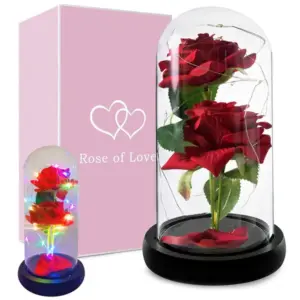 Két piros örökrózsa üvegbúrában, RGB LED-világítással, 21 cm