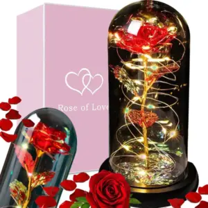Aranyszínű örökrózsa üvegbúrában, RGB LED világítással, 21 cm