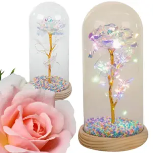 Örökrózsa üvegbúrában, RGB LED-világítással, fa talppal, 20,5 cm
