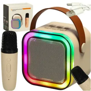 Bézs karaoke szett 6 W-os Bluetooth hangszóróval, mikrofonnal és RGB LED-fénnyel