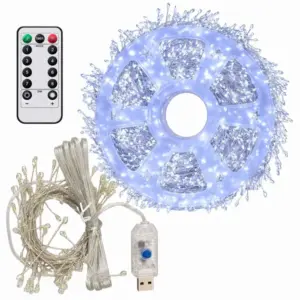 100 LED-es fényfüzér, 3 m, hidegfehér, USB, 8 mód, távirányítóval