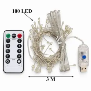 100 LED-es fényfüzér, 3 m, hidegfehér, USB, 8 mód, távirányítóval