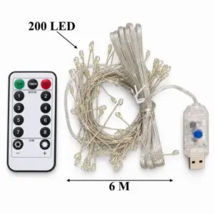 200 LED-es USB fényfüzér, 6 m, hidegfehér, 8 mód, távirányítóval