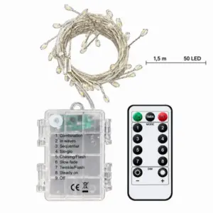 50 LED-es fényfüzér, 1,5 m, hidegfehér, 8 mód, távirányítóval