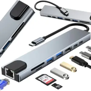 8 az 1-ben USB-C elosztó, HDMI 4K 60 Hz, PD 100 W, RJ45, SD/microSD