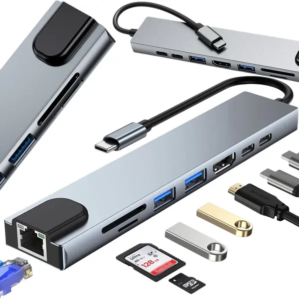 8 az 1-ben USB-C elosztó, HDMI 4K 60 Hz, PD 100 W, RJ45, SD/microSD