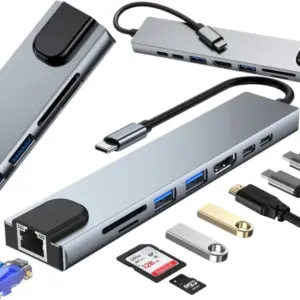 8 az 1-ben USB-C elosztó, HDMI 4K 60 Hz, PD 100 W, RJ45, SD/microSD