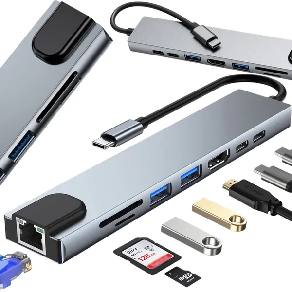 8 az 1-ben USB-C elosztó, HDMI 4K 60 Hz, PD 100 W, RJ45, SD/microSD