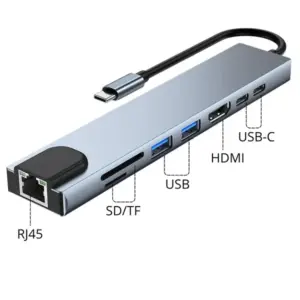 8 az 1-ben USB-C elosztó, HDMI 4K 60 Hz, PD 100 W, RJ45, SD/microSD