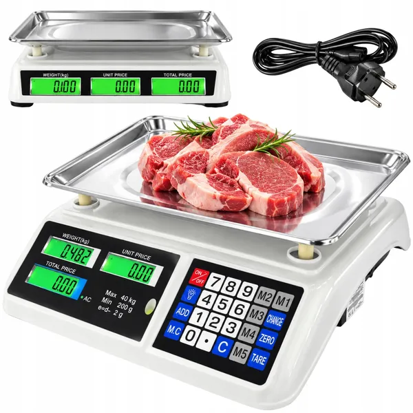 Akkumulátoros elektronikus árszorzós mérleg, 40 kg, 2 g osztásérték