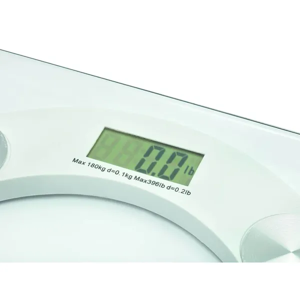 Digitális fürdőszobai mérleg, 180 kg, átlátszó edzett üveg, LCD-kijelző