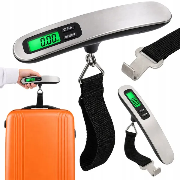 Digitális kézi poggyászmérleg LCD-kijelzővel, 50 kg, ezüst-fekete