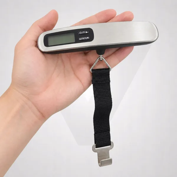 Digitális kézi poggyászmérleg LCD-kijelzővel, 50 kg, ezüst-fekete