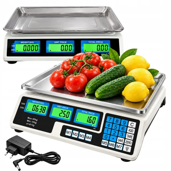 Elektronikus bolti mérleg árkalkulátorral, 40 kg, 2 g, akkumulátoros