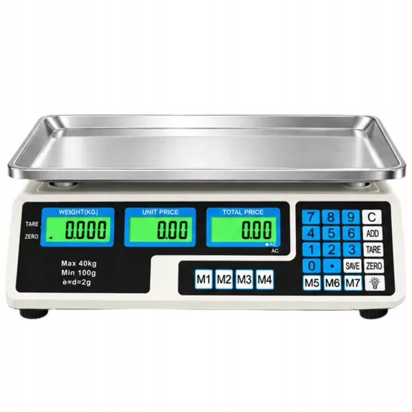 Elektronikus bolti mérleg árkalkulátorral, 40 kg, 2 g, akkumulátoros