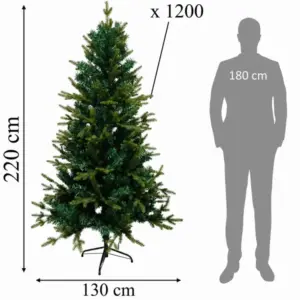 Élethű zöld lucfenyő műfenyő, 220 cm, 1200 ág, PE, fém talppal