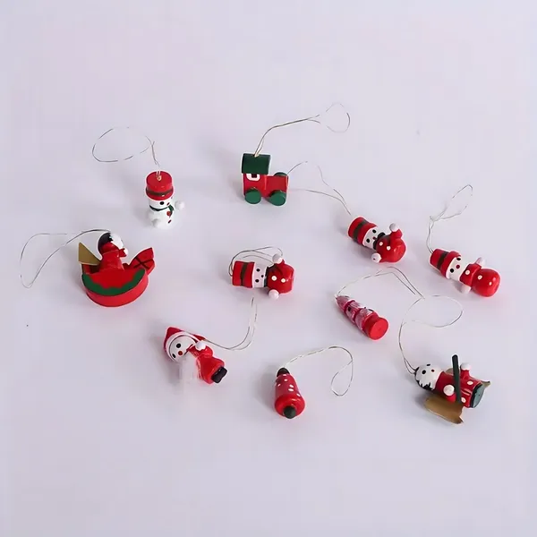 Fa karácsonyfadísz készlet, 10 darab, piros-fehér, 2,5–3,5 cm