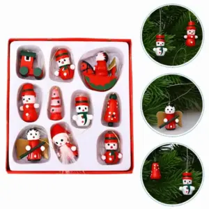 Fa karácsonyfadísz készlet, 10 darab, piros-fehér, 2,5–3,5 cm