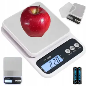 Fehér digitális konyhai mérleg tállal, 5 kg, 1 g, tára funkcióval