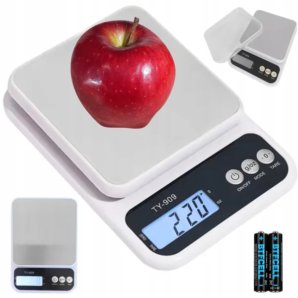 Fehér digitális konyhai mérleg tállal, 5 kg, 1 g, tára funkcióval