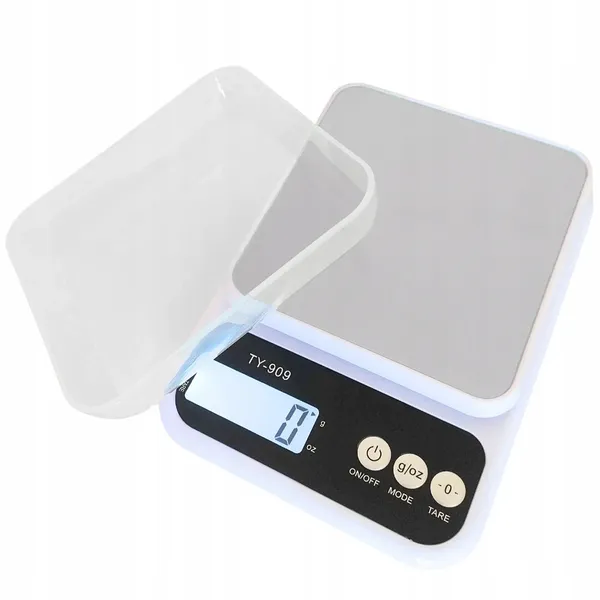 Fehér digitális konyhai mérleg tállal, 5 kg, 1 g, tára funkcióval