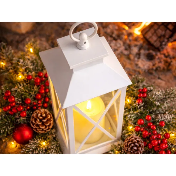 Fehér díszlámpás elemes LED-gyertyával, 28 × 14 × 14 cm