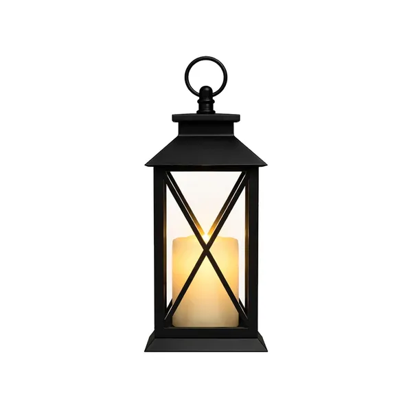 Fekete díszlámpás elemes LED gyertyával, 28 cm, meleg fényű