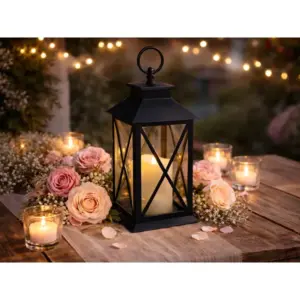 Fekete díszlámpás elemes LED gyertyával, 28 cm, meleg fényű