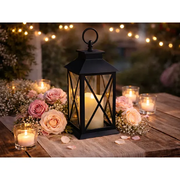 Fekete díszlámpás elemes LED gyertyával, 28 cm, meleg fényű