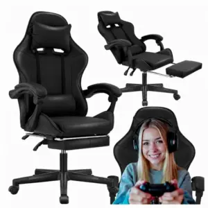 Fekete gamer forgószék kihúzható lábtartóval, 150 kg teherbírás