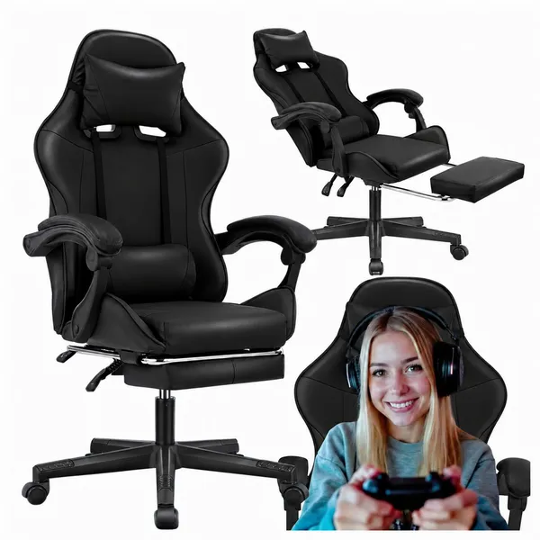 Fekete gamer forgószék kihúzható lábtartóval, 150 kg teherbírás