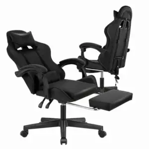 Fekete gamer forgószék kihúzható lábtartóval, 150 kg teherbírás