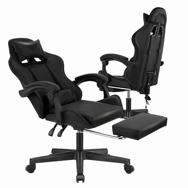 Fekete gamer forgószék kihúzható lábtartóval, 150 kg teherbírás