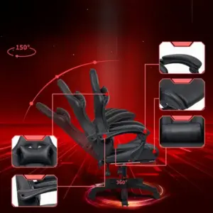 Fekete gamer forgószék kihúzható lábtartóval, 150 kg teherbírás
