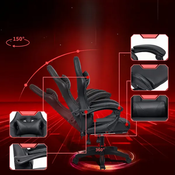 Fekete gamer forgószék kihúzható lábtartóval, 150 kg teherbírás